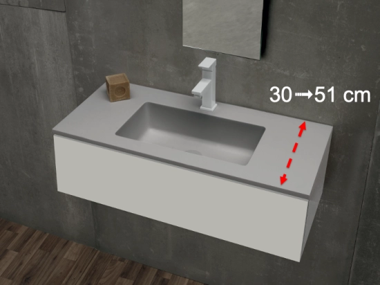 Plan vasque lavabo sur mesure : L 50 à 201 x P 30 à 51 cm, finition lisse mate, 10 couleurs au choix, Anti bactérien, résine Akrytan® teinté dans la masse, Livraison Offerte.